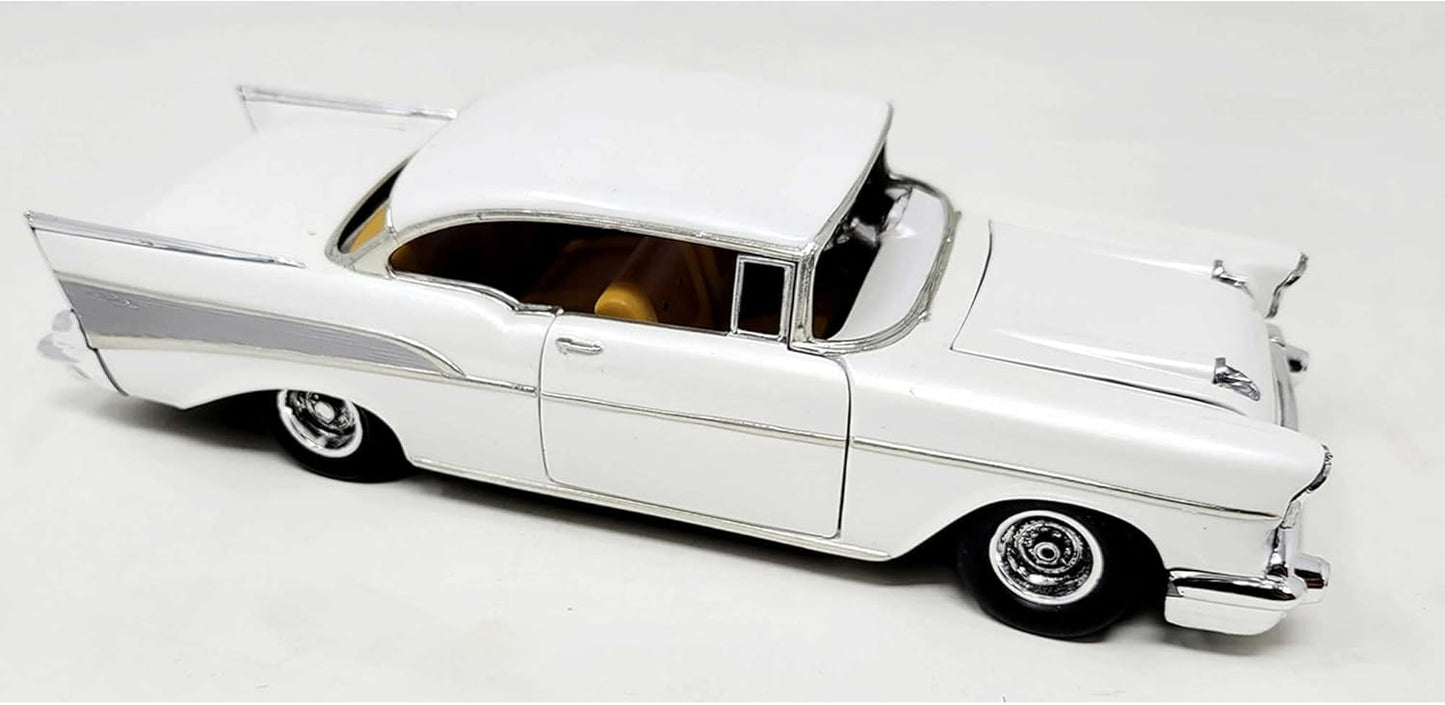 White 1957 Chevy Bel Air model kit with detailed chrome accents and cream interior, 1/25 scale by TheHobbyBench.com.
