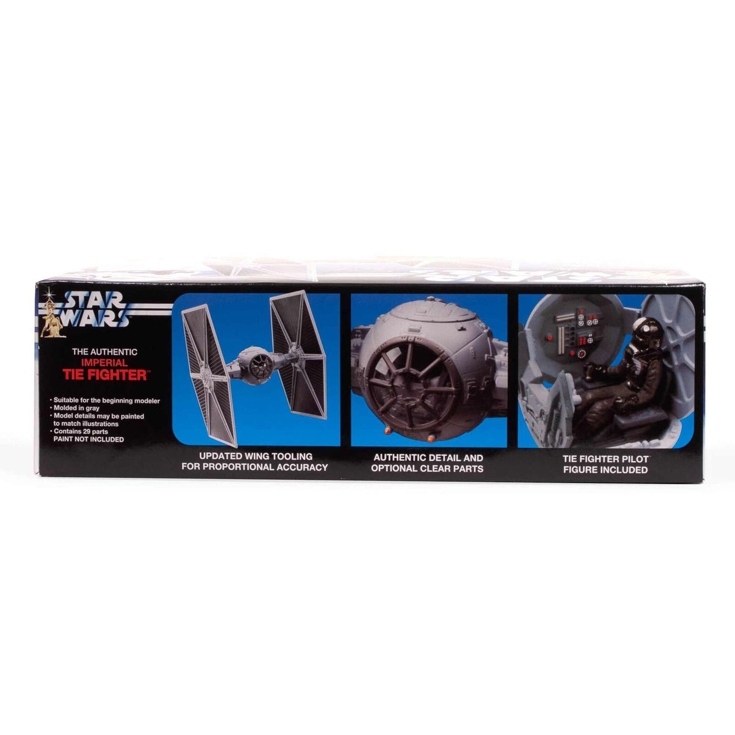 1/48 scale TIE Fighter model kit by AMT with detailed cockpit and clear canopy, suitable for ages 10 and up.