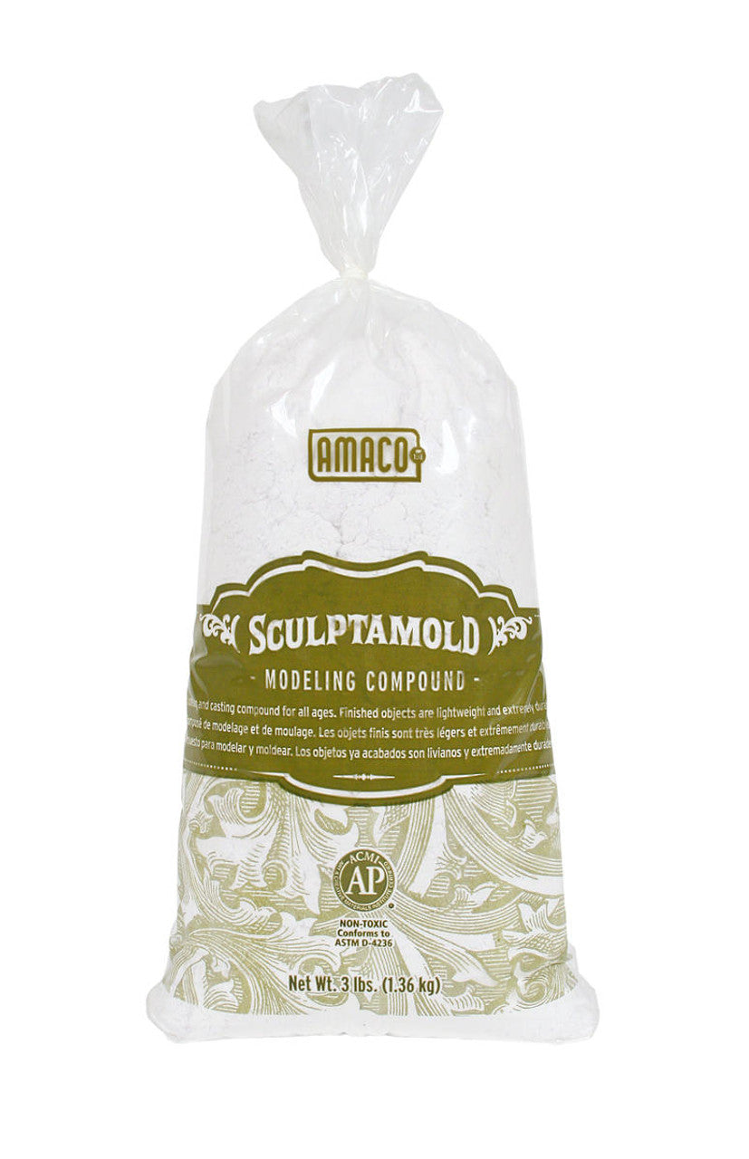 White 3lb bag of Amaco Sculptamold modeling compound, non-toxic, for versatile art and craft projects.