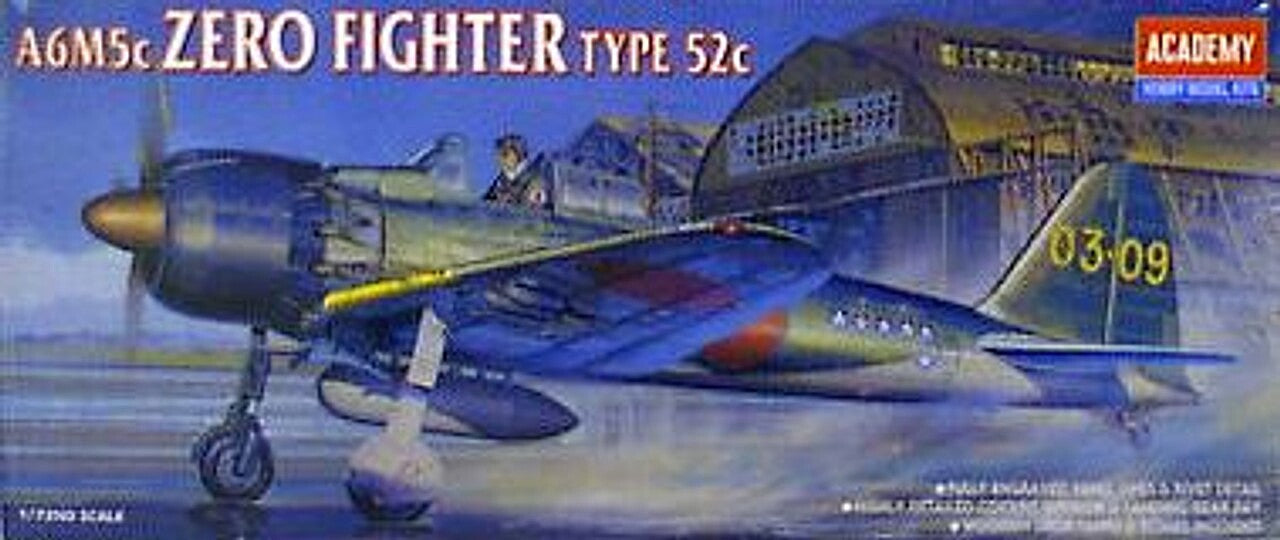 1/72 scale Academy Mitsubishi A6M5c Zero-Sen Type 52c plastic model kit with detailed artwork on box.