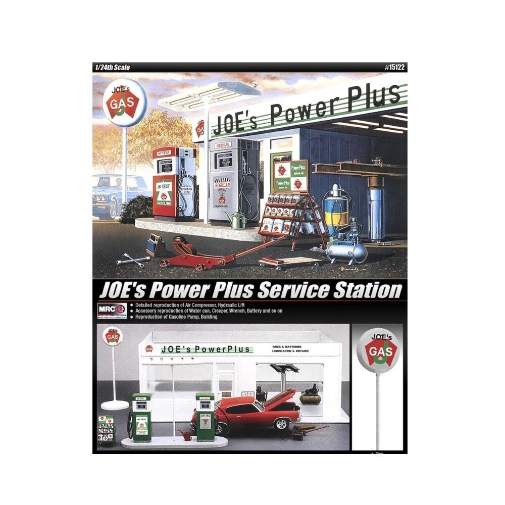 1:24 scale Joe's Power Plus Service Station plastic model kit with multiple accessories and realistic details