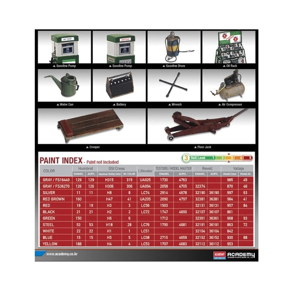 Detailed model kit parts for 1:24 Joe's Power Plus Service Station by Academy, including tools and accessories.