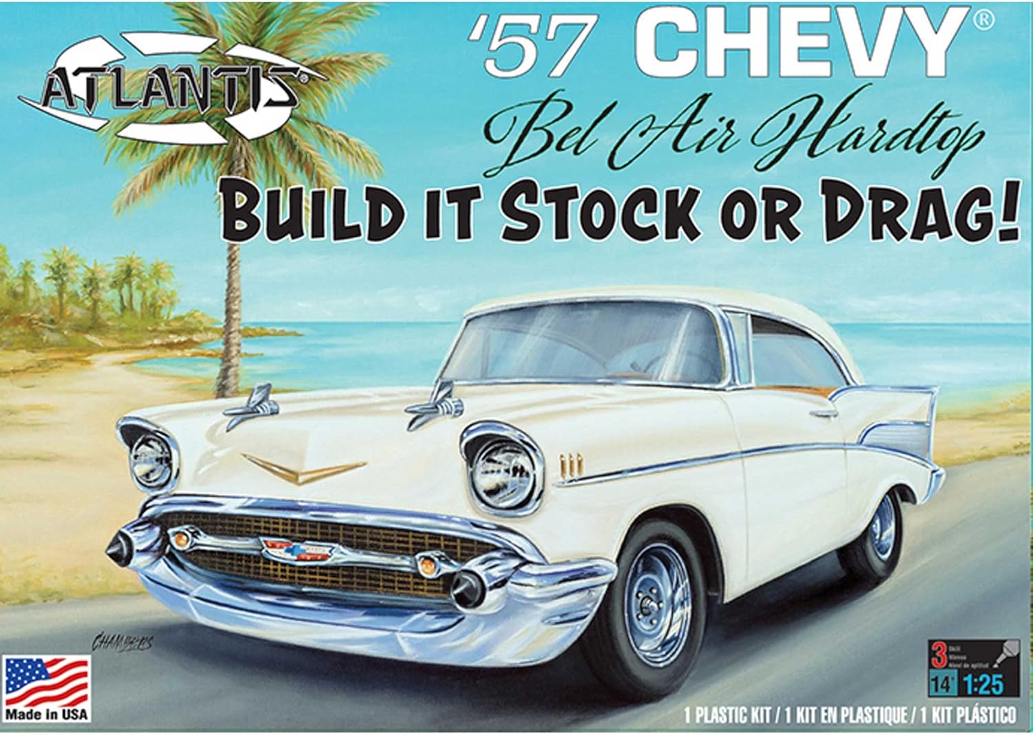 1957 Chevy Bel Air 1/25 scale plastic model kit by Atlantis, featuring a classic white hardtop design.