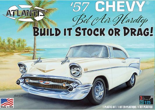 1957 Chevy Bel Air 1/25 scale plastic model kit by Atlantis, featuring a classic white hardtop design.