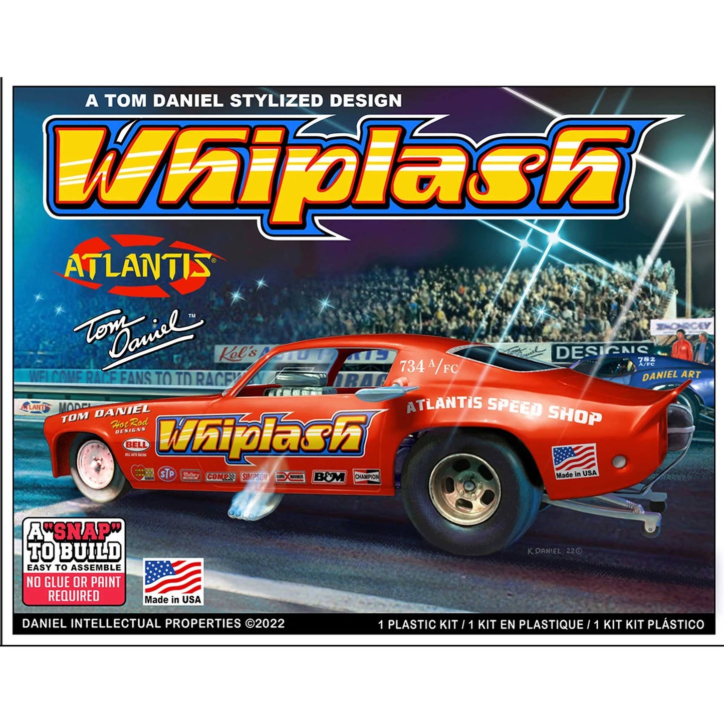 1/32 scale Whiplash Funny Car snap model kit by Atlantis, featuring bold graphics and vibrant colors, for ages 8 and up.