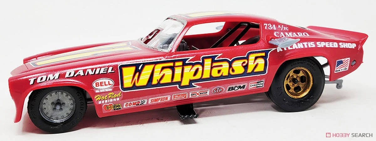Red Whiplash funny car model kit with detailed decals, 1/32 scale, by Atlantis models, suitable for ages 8 and up.